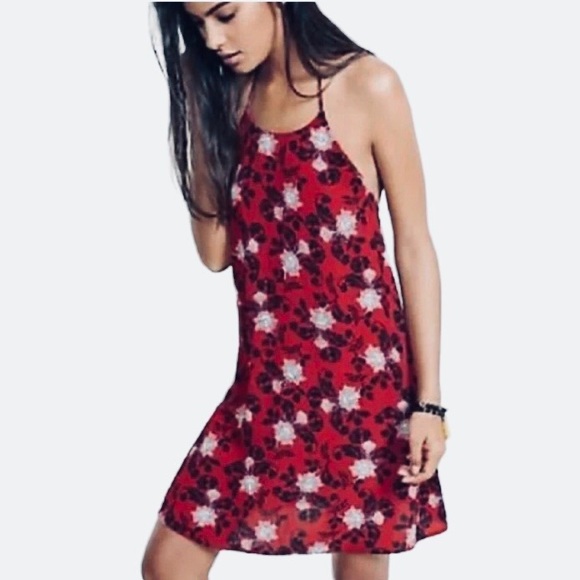 EXPRESS RED FLORAL TASSEL HALTER MINI DRESS BOHO GYPSY FLORAL DRESSS - Picture 16 of 16